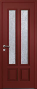 Porte d’entrée vitrée traditionnelle BELL 2 en aluminium avec moulures rapportées poignée NEW YORK coloris RAL 3004 finitions MAT gamme PASSAGE