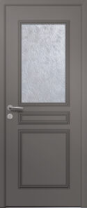 Porte d’entrée vitrée traditionnelle en aluminium et moulures rapportées EDISON 1 poignée NEW YORK coloris RAL 7039 finitions granité gamme PASSAGE