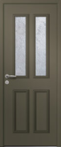 Porte d’entrée vitrée traditionnelle en aluminium et moulures rapportées GRAMME 2 poignée NEW YORK coloris RAL 7034 finitions mat gamme PASSAGE