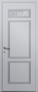 Porte d’entrée vitrée traditionnelle en aluminium et moulures rapportées JUDSON 1 poignée NEW YORK coloris RAL 7035 finitions mat gamme PASSAGE