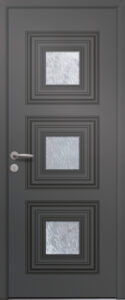 Porte d’entrée vitrée traditionnelle en aluminium et moulures rapportées MONIER 3 poignée NEW YORK coloris RAL 7012 finitions mat gamme PASSAGE