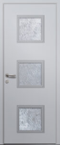 Porte d’entrée vitrée traditionnelle en aluminium NEWTON 3 avec moulures rapportées et poignée NEW YORK coloris RAL 7035 finitions mat gamme PASSAGE