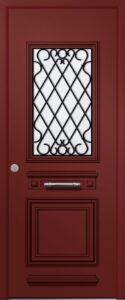 Porte d’entrée traditionnelle vitrée SPENCER 1 en aluminium et sa grille décorative rustica poignée bâton de tirage coloris RAL 3004 rouge pourpre finitions mat gamme PASSAGE