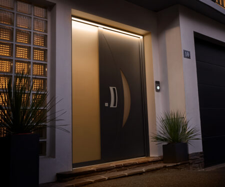 Portes d'entrée vitrée en aluminium SILICE avec le système d'éclairage intégré EURALED, de nuit, sur une façade de maison moderne.